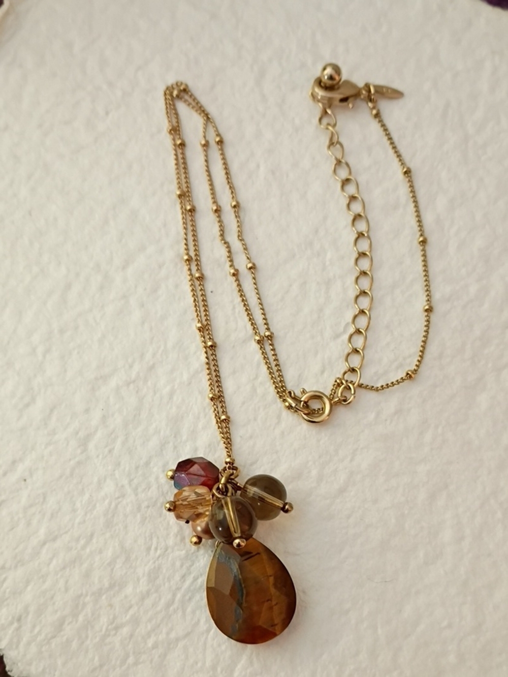 Vintage Avon Gold-Tone Brown Tigers Eye Teardrop Faceted Pendant Necklace